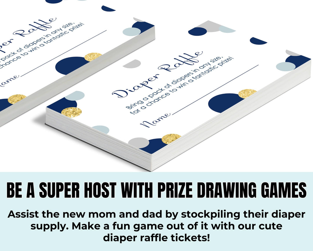 Paper Clever Party Navy and Gold Diaper Raffle Tickets for Baby Shower Games, Invitation Insert Cards, 2x3.5, 25 Pack - Paper Clever Party