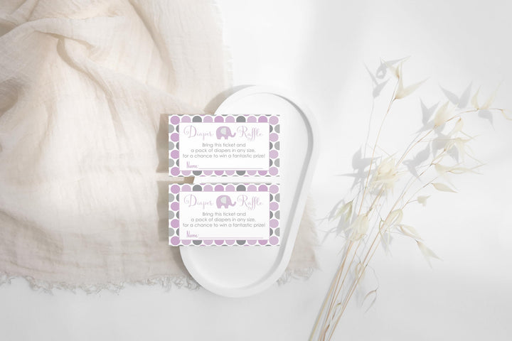 Purple Elephant Diaper Raffle Tickets for Baby Shower Games, Invitation Insert Cards, 2x3.5, 25 Pack - Paper Clever Party