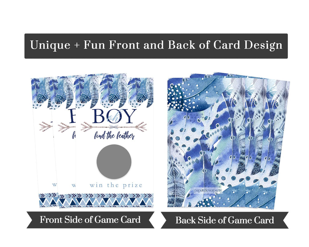 Boys Baby Shower Adventure Awaits Scratch Off Game Cards (30 Pack) - Blue Boho Feather Party Favors - Paper Clever Party