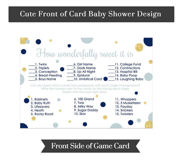 Navy & Gold Baby Shower Candy Matching Game - 25 Cards with Little Star & Royal Prince Themes - Guess the Candies - Paper Clever Party