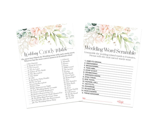 Pink Floral Bridal Games - Word Scramble & Candy Match for 25