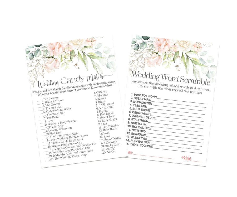 Pink Floral Word Scramble and Match The Candies Blush Blooms Bridal Shower Games - Wedding Ideas on 5x7 Cards for 25 Guests - Paper Clever Party