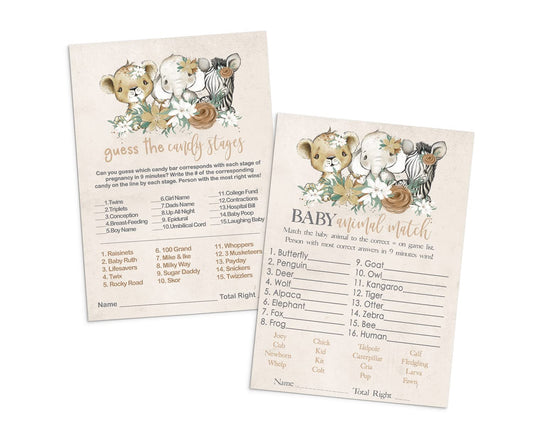 Flora Safari Baby Shower Game Girls, Baby Animal Matching, Candy Bar Match, Double Sided Cards, Greenery & Gold, 25 GuestPaper Clever Party