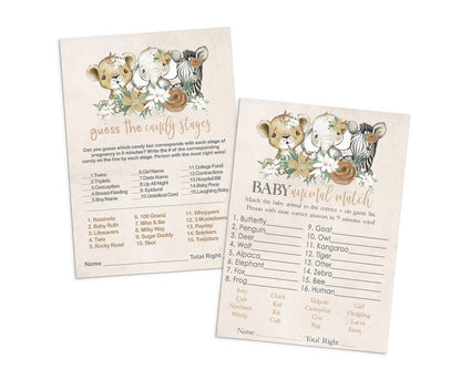 Flora Safari Baby Shower Game Girls, Baby Animal Matching, Candy Bar Match, Double Sided Cards, Greenery & Gold, 25 GuestPaper Clever Party