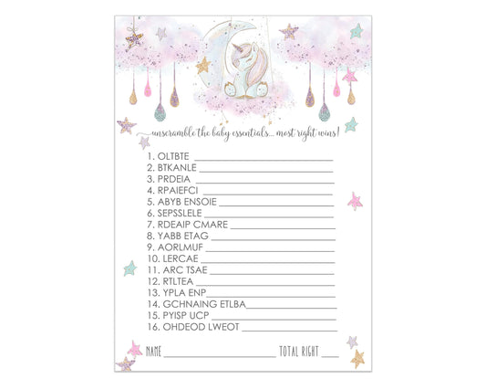 Unicorn Baby Shower Word Scramble Game Cards (25 Pack) Unscramble Activity Cards - Girls Baby Shower Games - Whimsical Star Moon Themed Pink Purple - 5x7 Size Set PrintedPaper Clever Party