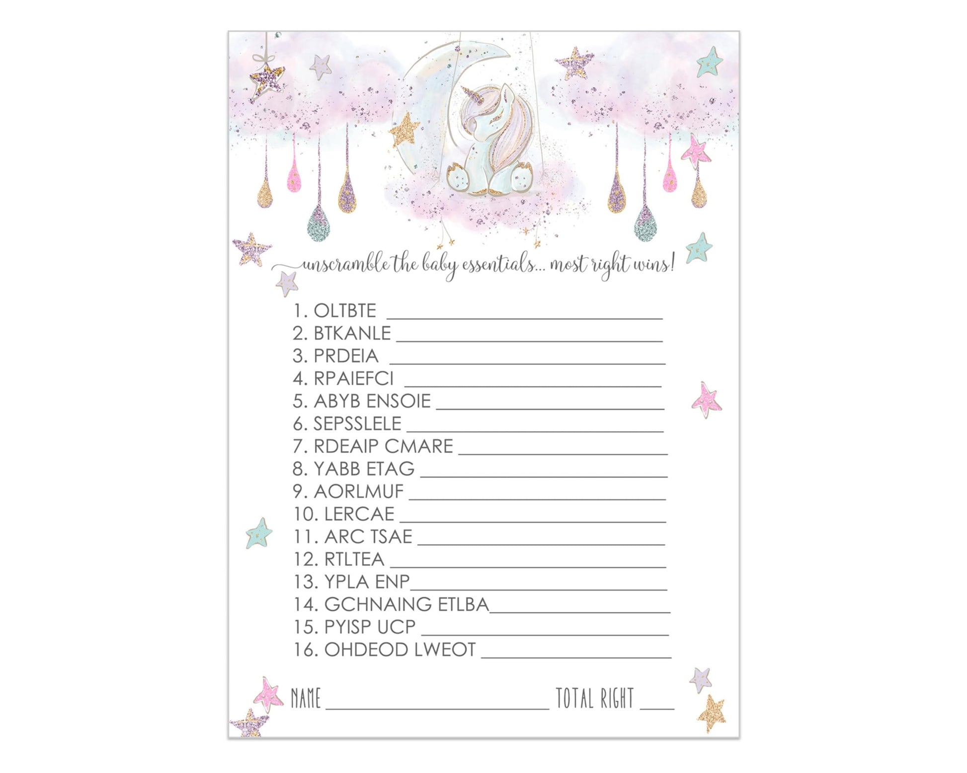Unicorn Baby Shower Word Scramble Game Cards (25 Pack) Unscramble Activity Cards - Girls Baby Shower Games - Whimsical Star Moon Themed Pink Purple - 5x7 Size Set PrintedPaper Clever Party