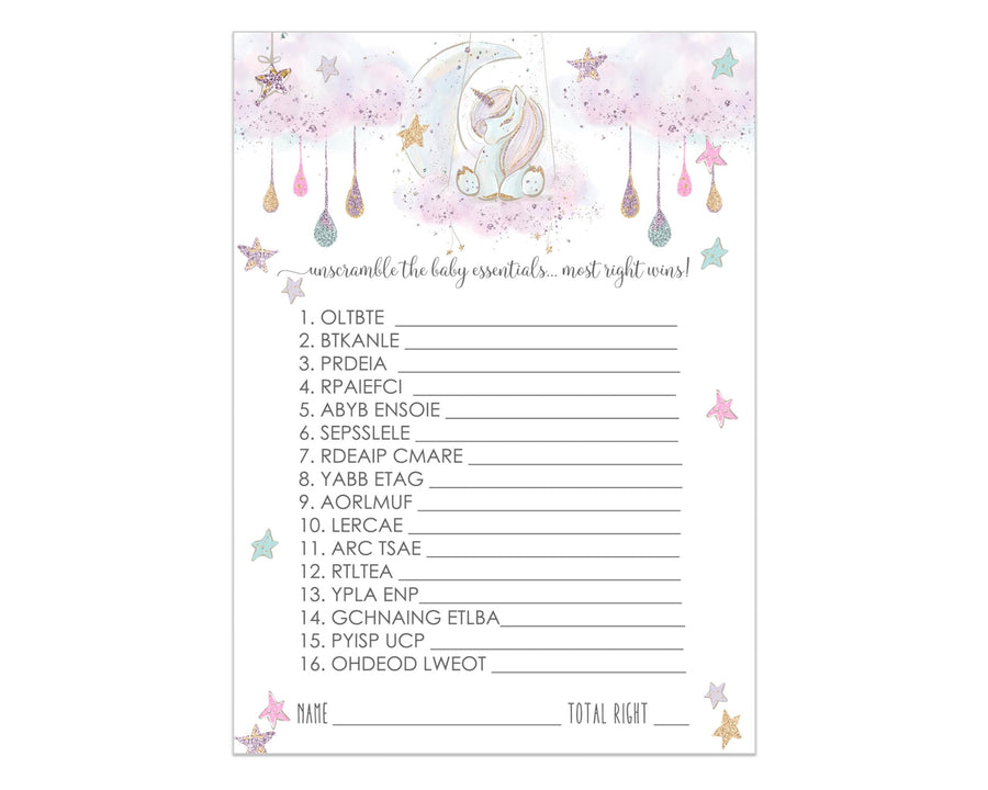 Enchanted Unicorn Baby Shower Word Scramble Game - 25 Pack Pink & Purple Star-Moon Theme - Paper Clever Party