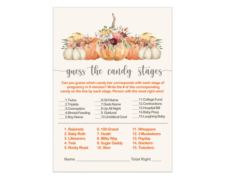 Paper Clever Party Pumpkin Baby Shower Game Match The Candies Activity Cards, Floral and Pumpkin, 4x6 Set, 25 Pack - Paper Clever Party