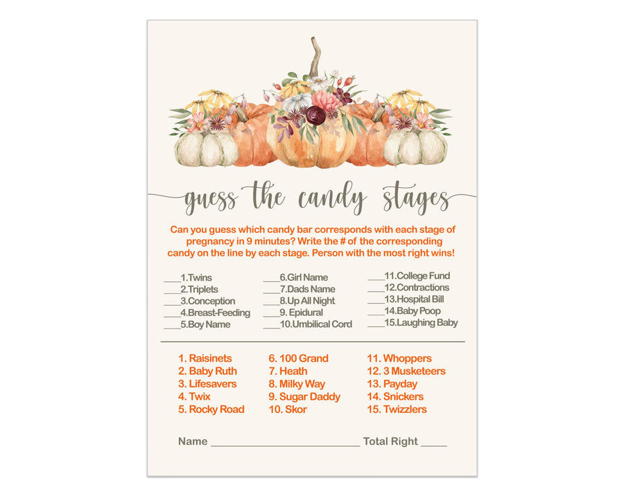 Paper Clever Party Pumpkin Baby Shower Game Match The Candies Activity Cards, Floral and Pumpkin, 4x6 Set, 25 Pack - Paper Clever Party