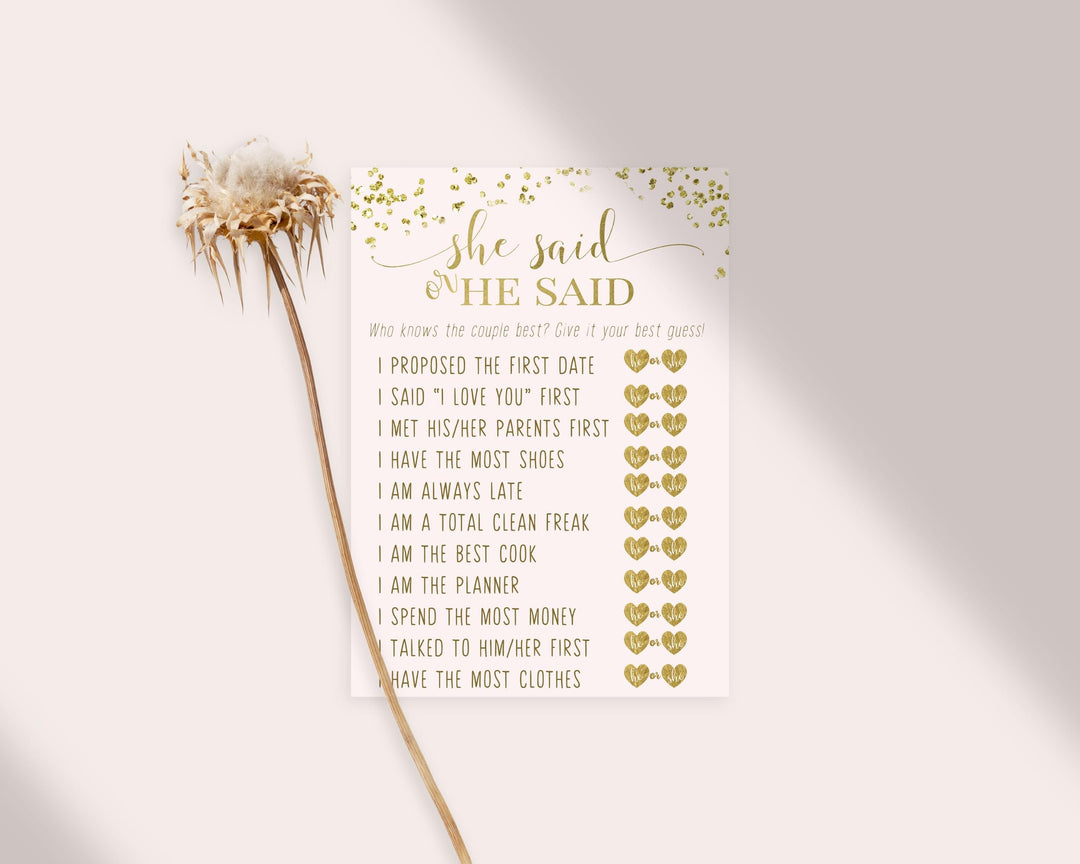 Pink and Gold Bridal Shower Game He or She Said, Elegant 4x6 Cards, 25 Guest Pack - Paper Clever Party