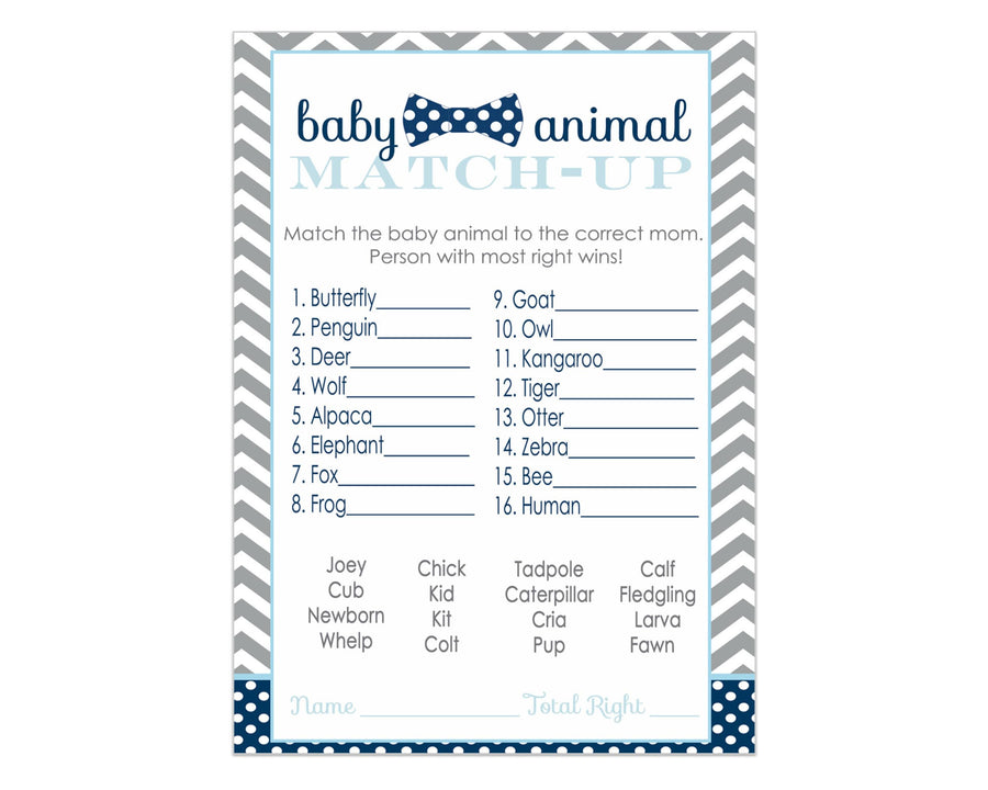 Bow Tie Baby Shower Game Cards Animal Matching (25 Pack) - Paper Clever Party