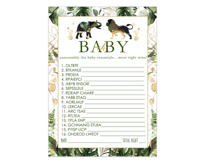 Tropical Jungle Baby Shower Word Scramble Game - Paper Clever Party