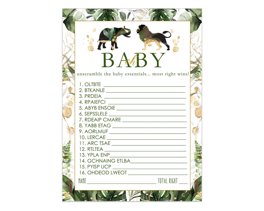 Tropical Jungle Baby Shower Word Scramble Game - Paper Clever Party