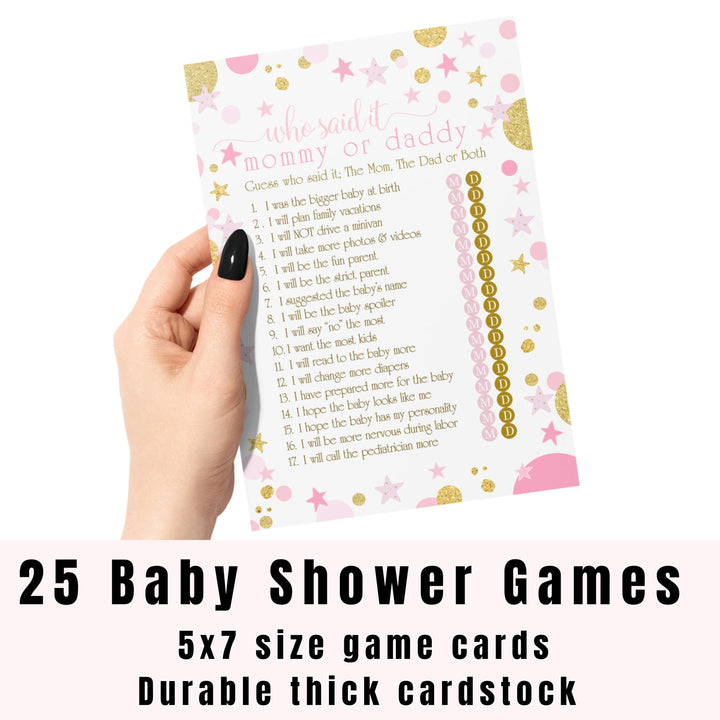 Pink and Gold Baby Shower Game Guess Who Said It Guessing Activity for Guests Twinkle Star Princess Themed Ideas, 25 Pack - Paper Clever Party