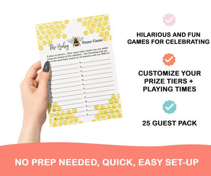 Bee Baby Shower Game Pack, Gender Neutral Bumblebee Party Ideas, 2 Sided, 25Paper Clever Party