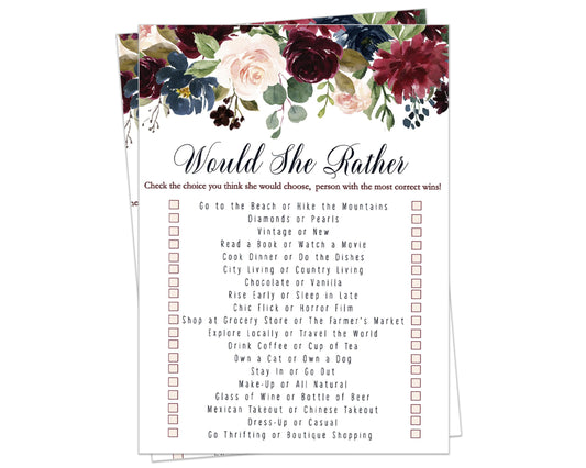 Rustic Burgundy & Navy ‘Would She Rather’ Game