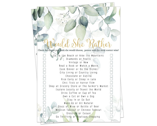 25.	Rustic Eucalyptus ‘Would She Rather’ Bridal Game