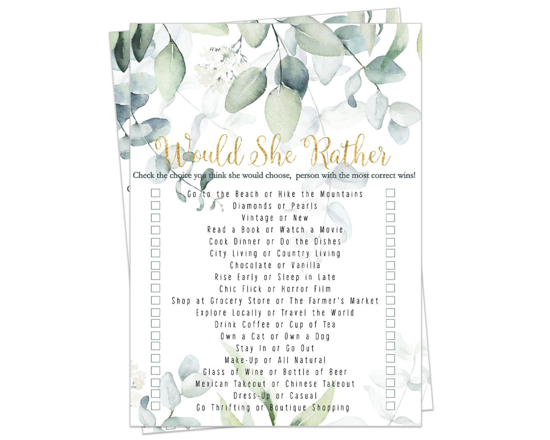 Rustic Eucalyptus Floral Would She Rather Greenery and Gold Bridal Shower Game - Wedding Bride Best, 25 Pack - Paper Clever Party