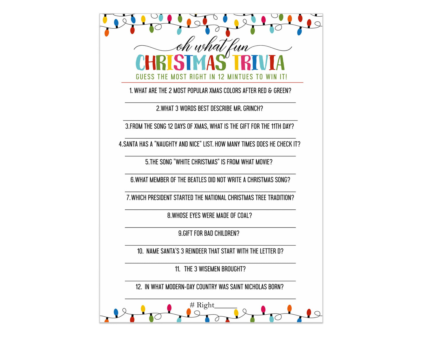 Festive Lights Christmas Trivia Game Fun Party Activity with Holiday Movie and Song Questions for Adults, Office, Group, Thanksgiving, 25 Pack, 5x7 Cards, Version 2 - Paper Clever Party