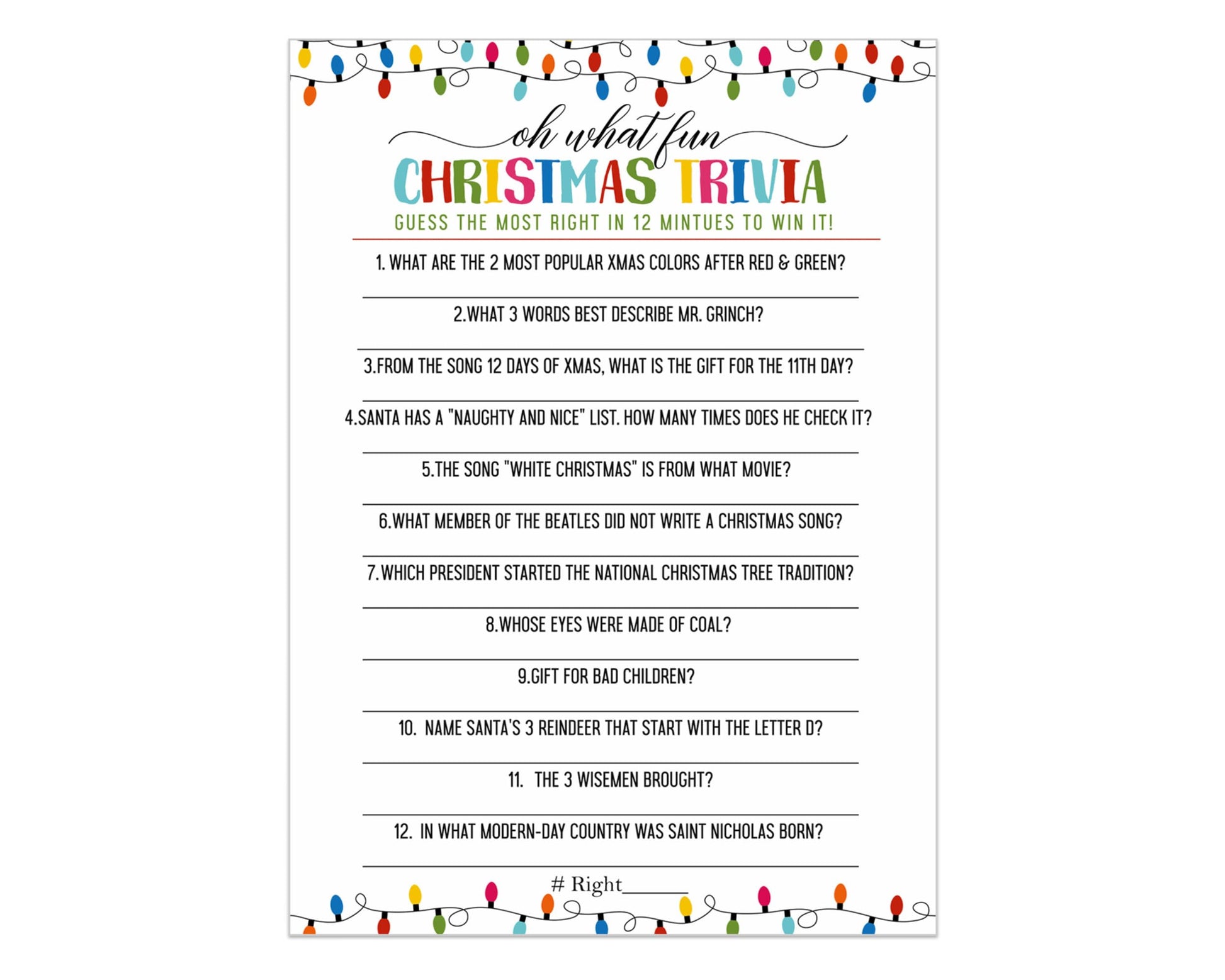 Festive Lights Christmas Trivia Game Fun Party Activity with Holiday Movie and Song Questions for Adults, Office, Group, Thanksgiving, 25 Pack, 5x7 Cards, Version 2 - Paper Clever Party