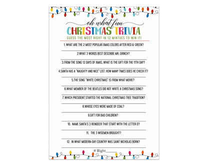 Festive Lights Christmas Trivia Game Fun Party Activity with Holiday Movie and Song Questions for Adults, Office, Group, Thanksgiving, 25 Pack, 5x7 Cards, Version 2 - Paper Clever Party