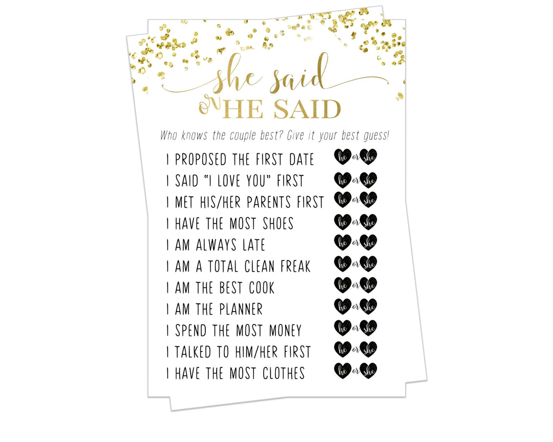 Elegant Black and Gold He or She Said Bridal Shower Game - Modern 5x7 Cards for 25 Guests, Plus Bride Best Challenge - Paper Clever Party