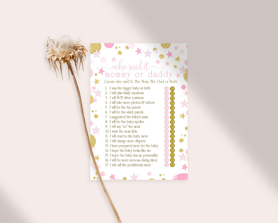 Pink and Gold Baby Shower Game Guess Who Said It Guessing Activity for Guests Twinkle Star Princess Themed Ideas, 25 Pack - Paper Clever Party