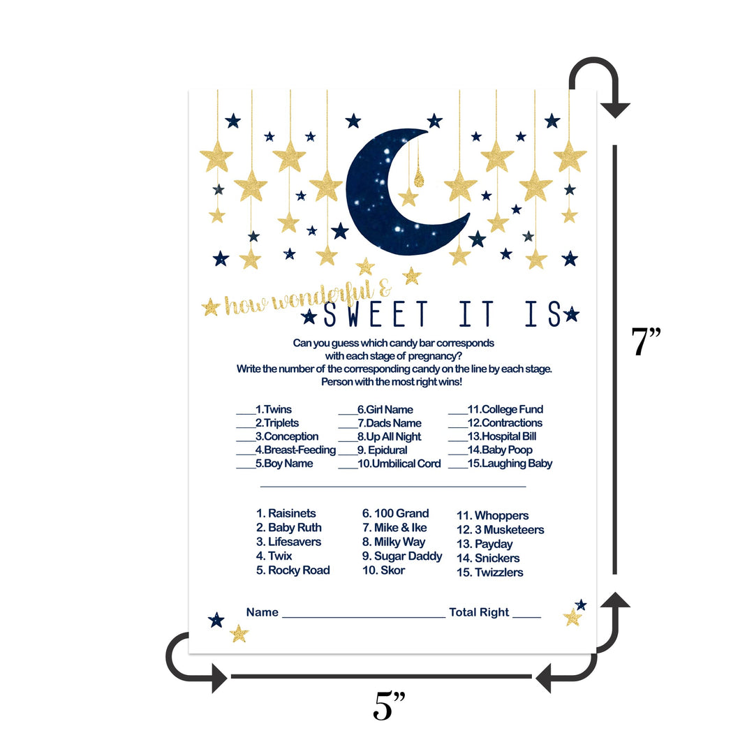 25-Card Celestial Baby Shower Candy Guessing Game - Twinkle Little Star - Navy & Gold Over the Moon - Paper Clever Party