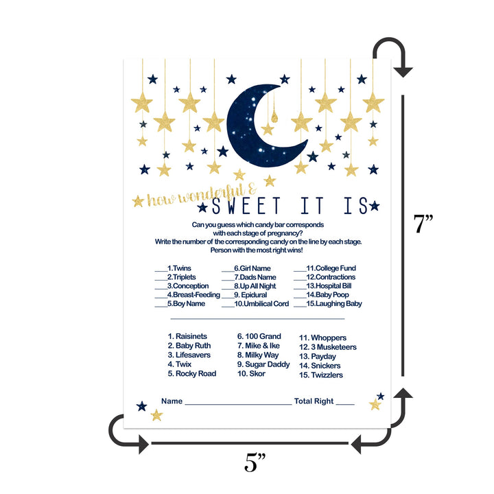 25-Card Celestial Baby Shower Candy Guessing Game - Twinkle Little Star - Navy & Gold Over the Moon - Paper Clever Party