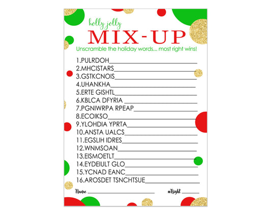 Christmas Word Scramble Game, Holiday Unscramble Party Activity for Adults, Groups, Office, Gold Red and Green, 25 Pack, 5x7 Cards - Paper Clever Party