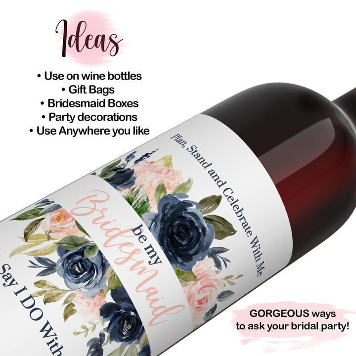 ‘Blushing Bridesmaid’ Wine Bottle Labels - Pack of 12 - Maid & Matron of Honor Proposal Stickers - Paper Clever Party