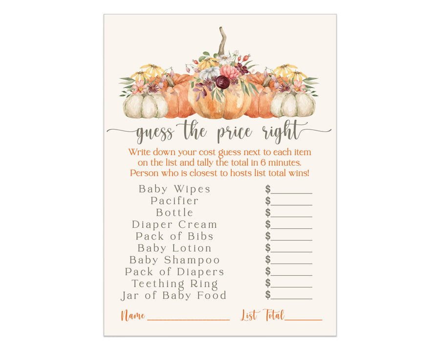 Pumpkin Guess the Price Game Gender-Neutral, 5x7 Cards, 25-Pack - Paper Clever Party