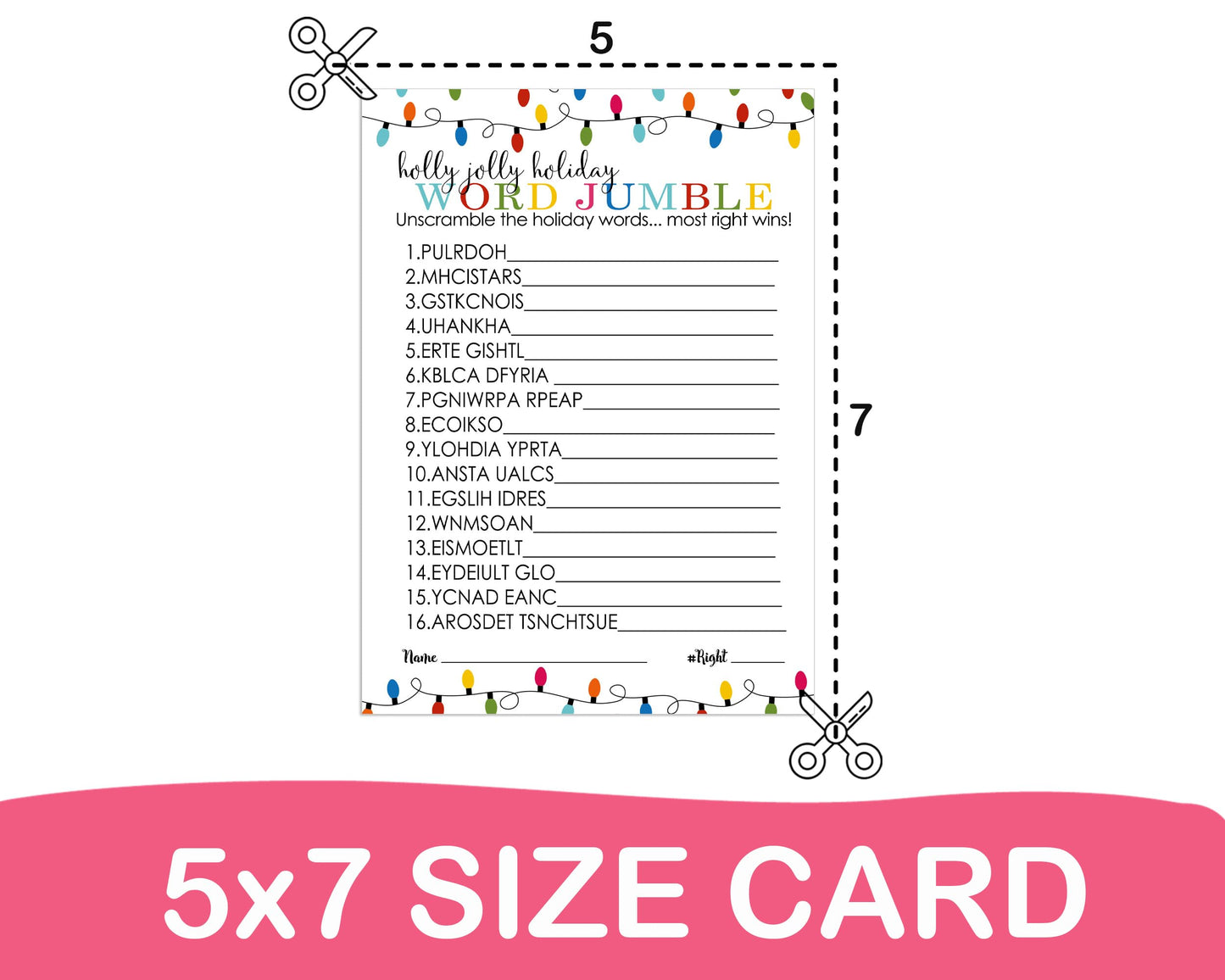 Festive Lights Christmas Word Scramble Games for Adults, Large Groups, Holiday Party, 25 Pack, Colorful Xmas Favors 5x7 Cards - Paper Clever Party