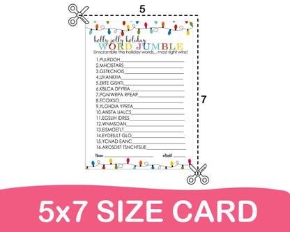 Festive Lights Christmas Word Scramble Games for Adults, Large Groups, Holiday Party, 25 Pack, Colorful Xmas Favors 5x7 Cards - Paper Clever Party