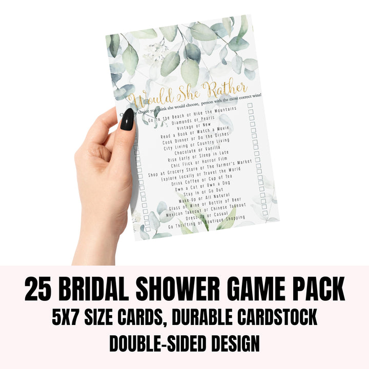 Rustic Eucalyptus Floral Would She Rather Greenery and Gold Bridal Shower Game - Wedding Bride Best, 25 Pack - Paper Clever Party