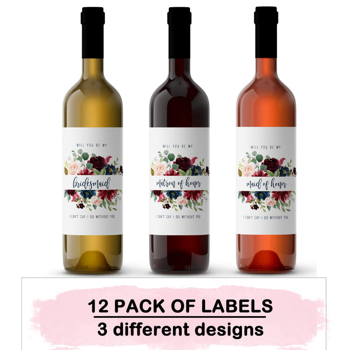 Indigo Floral Bridesmaid Wine Labels Maid of Honor and Matron of Honor - Bridal Attendants Stickers – Asking My Wedding Party Gift Ideas – Set of 12 - Paper Clever Party - Paper Clever Party