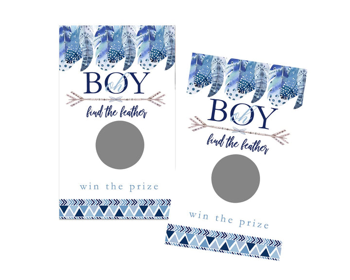 Boys Baby Shower Adventure Awaits Scratch Off Game Cards (30 Pack) - Blue Boho Feather Party Favors - Paper Clever Party