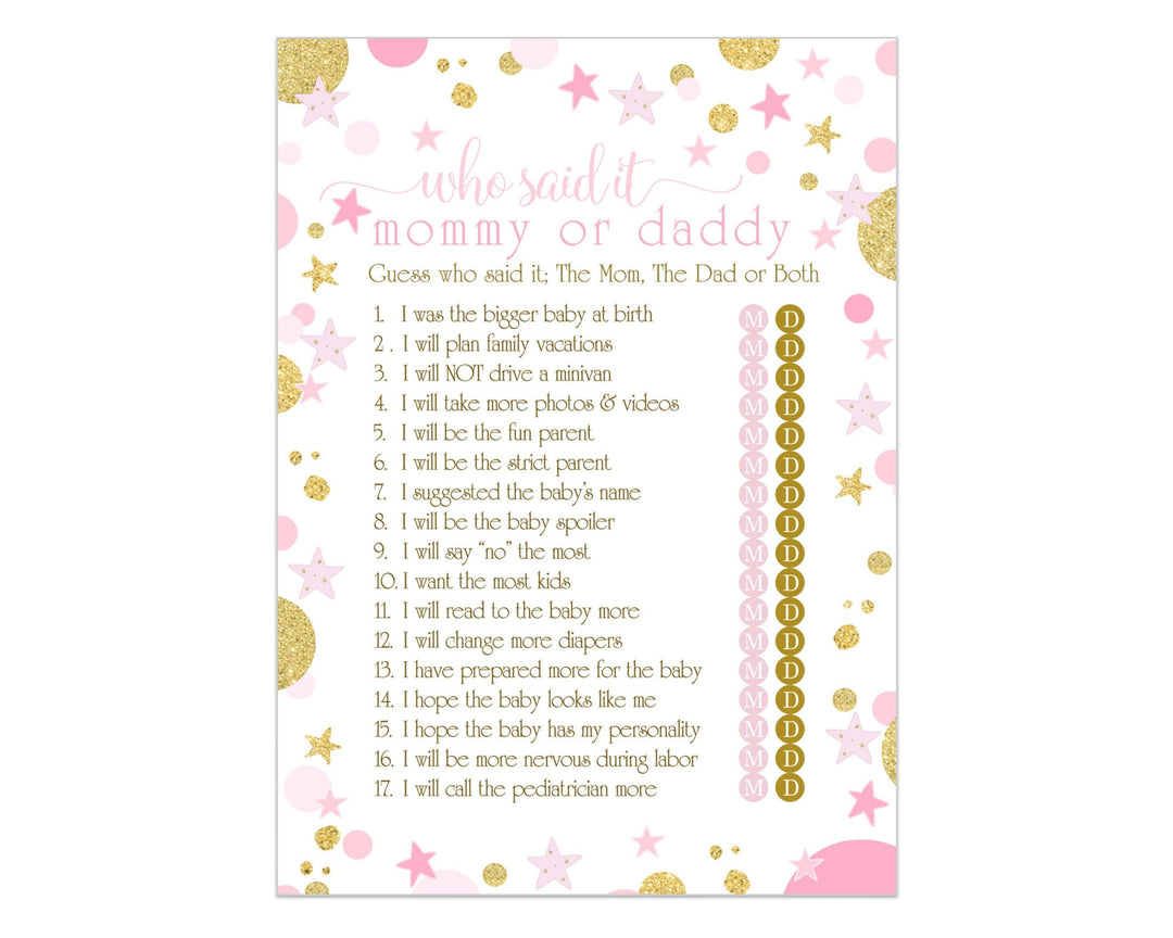 Pink and Gold Baby Shower Game Guess Who Said It Guessing Activity for Guests Twinkle Star Princess Themed Ideas, 25 Pack - Paper Clever Party