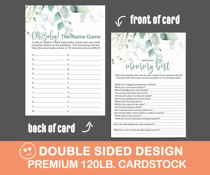 Botanical Bliss - Eucalyptus & Gold Baby Shower Game Set, 5x7 Double-Sided Cards (25 ct) - Paper Clever Party