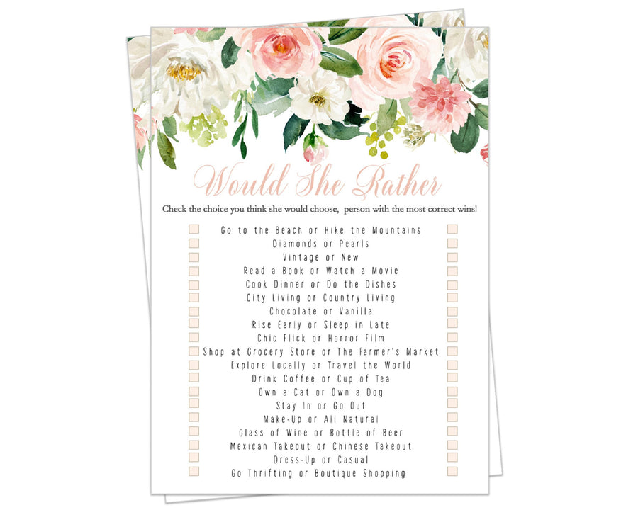 Graceful Floral Bridal Shower Game Would She Rather Birthday Girl, Bride Best Wedding Activity Engagement Party, Pink and Gold, 5x7 Cards, 25 Guests - Paper Clever Party