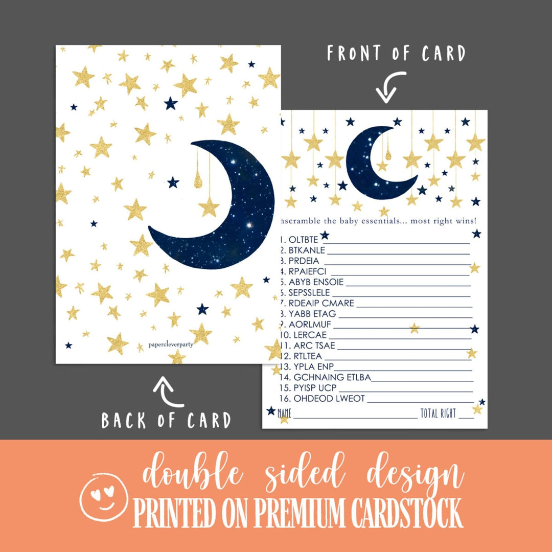 Twinkle Little Star Baby Shower Games Word Scramble - 25 Pack Unscramble Activity Cards for Dreamy Nighttime Event - Paper Clever Party