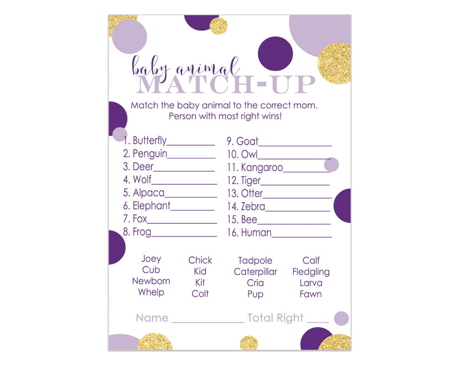 Purple and Gold Baby Shower Game Animal Matching (25 Pack) - Paper Clever Party