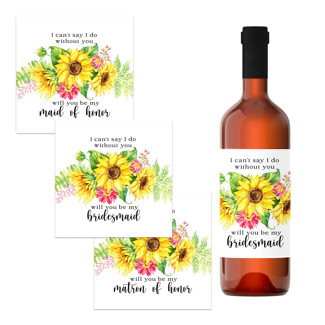 Sunflower Themed Bridesmaid Wine Labels - Pack of 12 - Vibrant Maid of Honor Proposals - Paper Clever Party