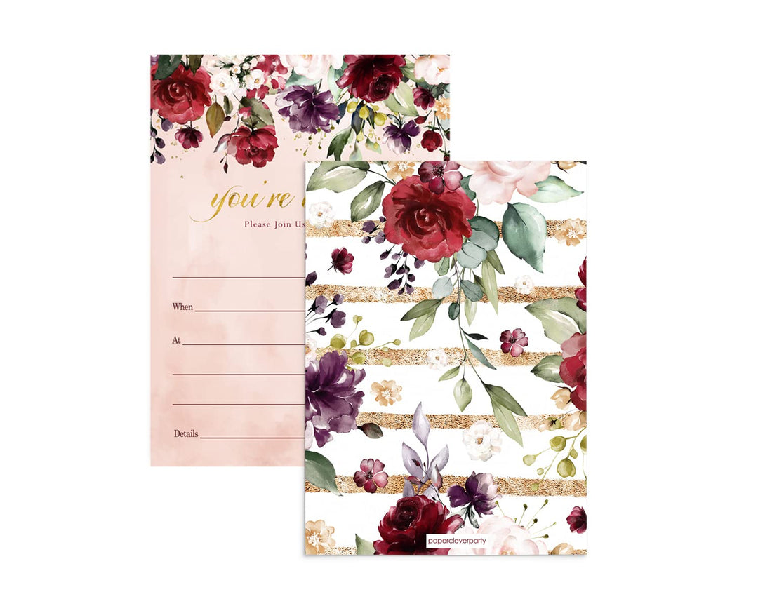 Burgundy Floral Invites - Rustic Elegance, 25ct, 5x7 - Paper Clever Party