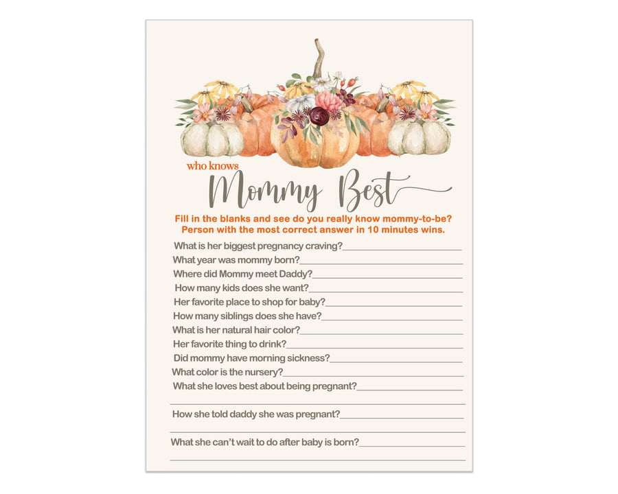 Pumpkin Baby Shower Games Mommy Best Fall Gender Reveal Party Activities Boy or Girl - Rustic 5x7 Cards, 25 Guest Pack - Paper Clever Party