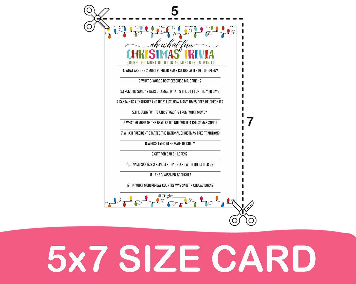 Festive Lights Christmas Trivia Game Fun Party Activity with Holiday Movie and Song Questions for Adults, Office, Group, Thanksgiving, 25 Pack, 5x7 Cards, Version 2 - Paper Clever Party