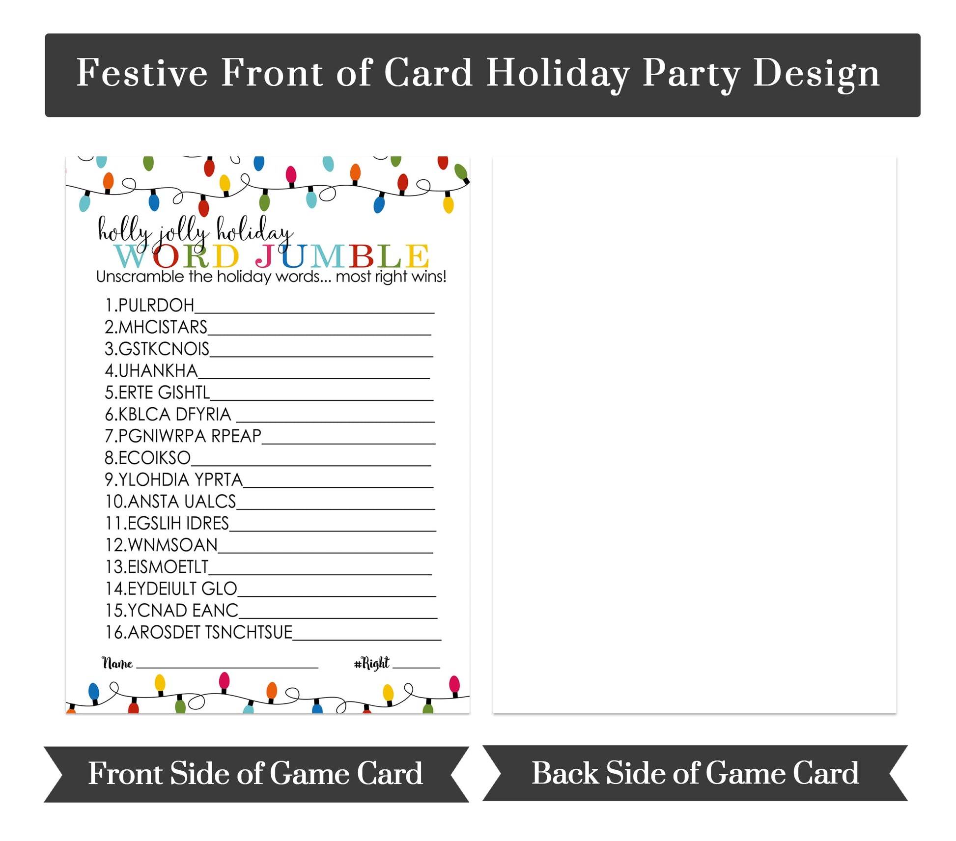 Festive Lights Christmas Word Scramble Games for Adults, Large Groups, Holiday Party, 25 Pack, Colorful Xmas Favors 5x7 Cards - Paper Clever Party