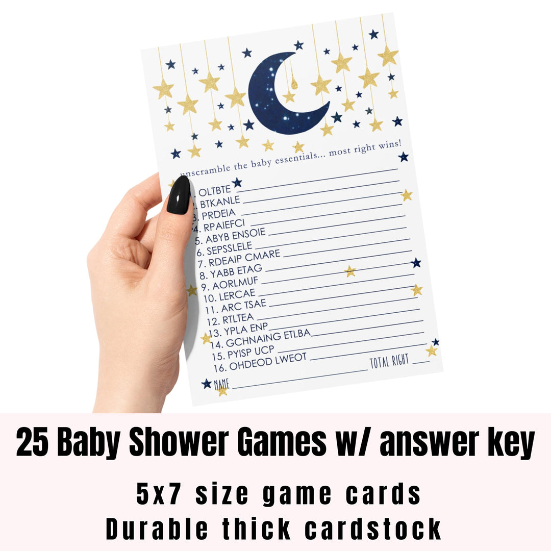 Twinkle Little Star Baby Shower Games Word Scramble - 25 Pack Unscramble Activity Cards for Dreamy Nighttime Event - Paper Clever Party