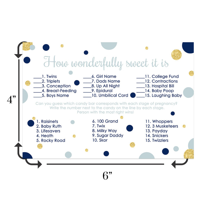 Navy & Gold Baby Shower Candy Matching Game - 25 Cards with Little Star & Royal Prince Themes - Guess the Candies - Paper Clever Party