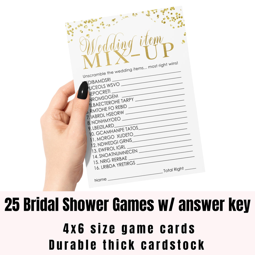 Black and Gold Bridal Shower Word Scramble Game Unscramble Wedding Phrases, Modern Confetti, 4x6 Cards, 25 Guest Pack - Paper Clever Party